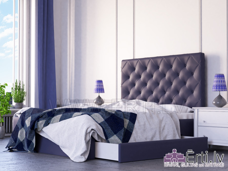 Royal LUX – Mūsdienīga eko-ādas gulta ar veļaskasti un pogām galvgalī